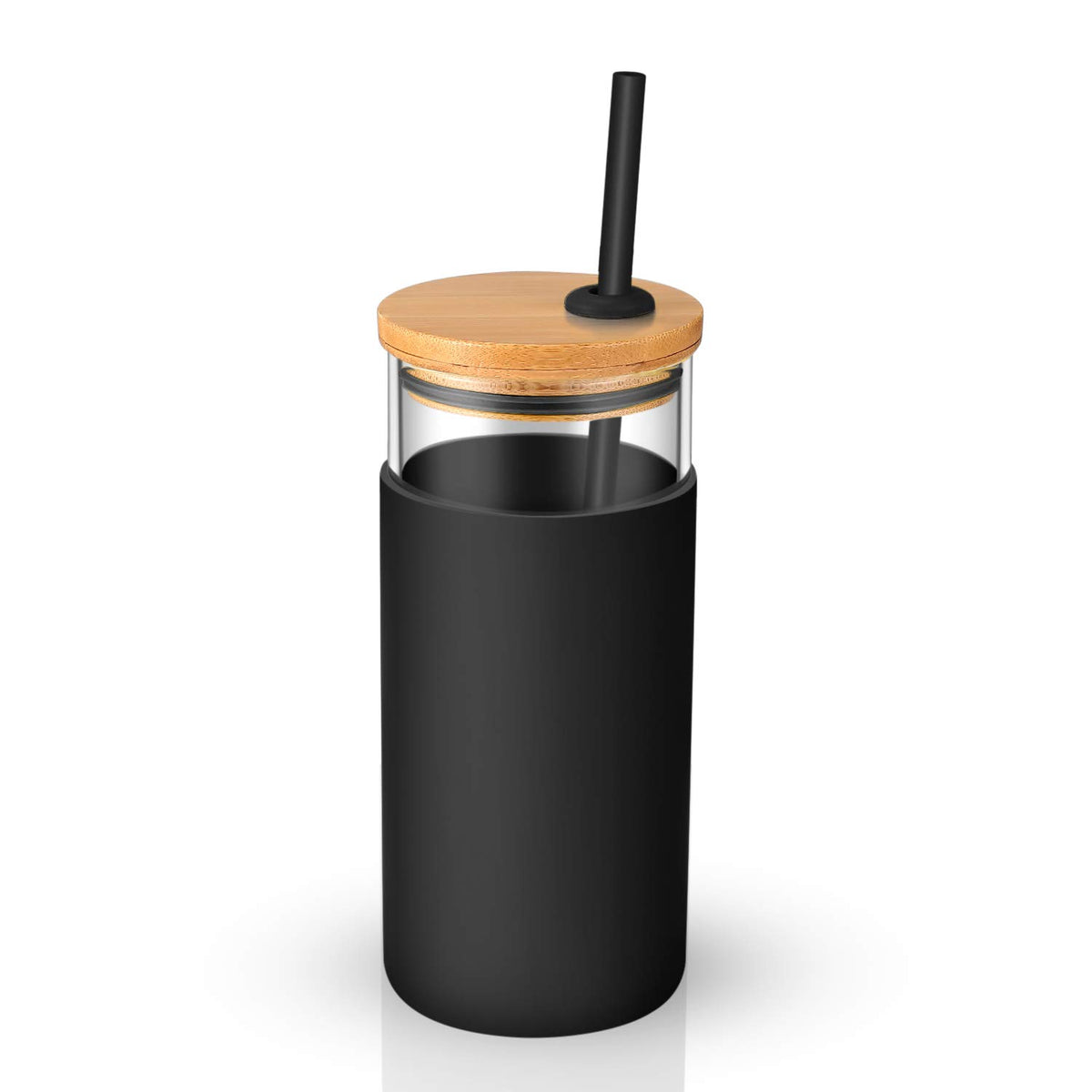 Glass Tumbler Water Bottle w/ Silicone Sleeve and Straw  20oz (Black)