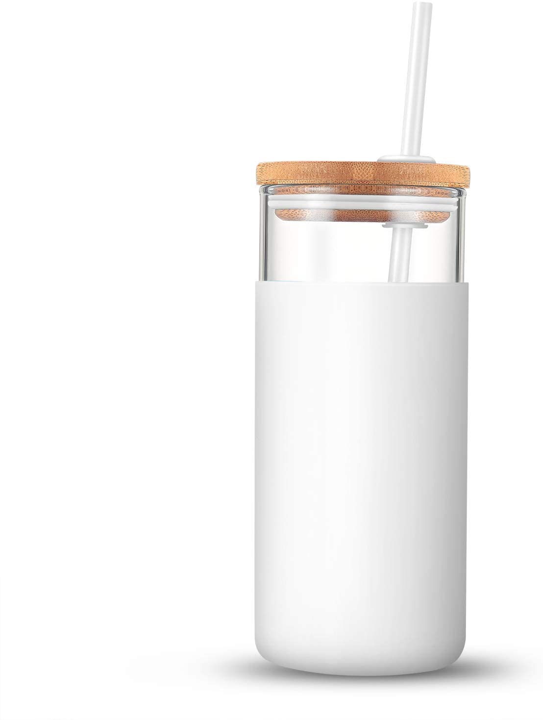 Glass Tumbler Water Bottle w/ Silicone and Straw 20oz (White)