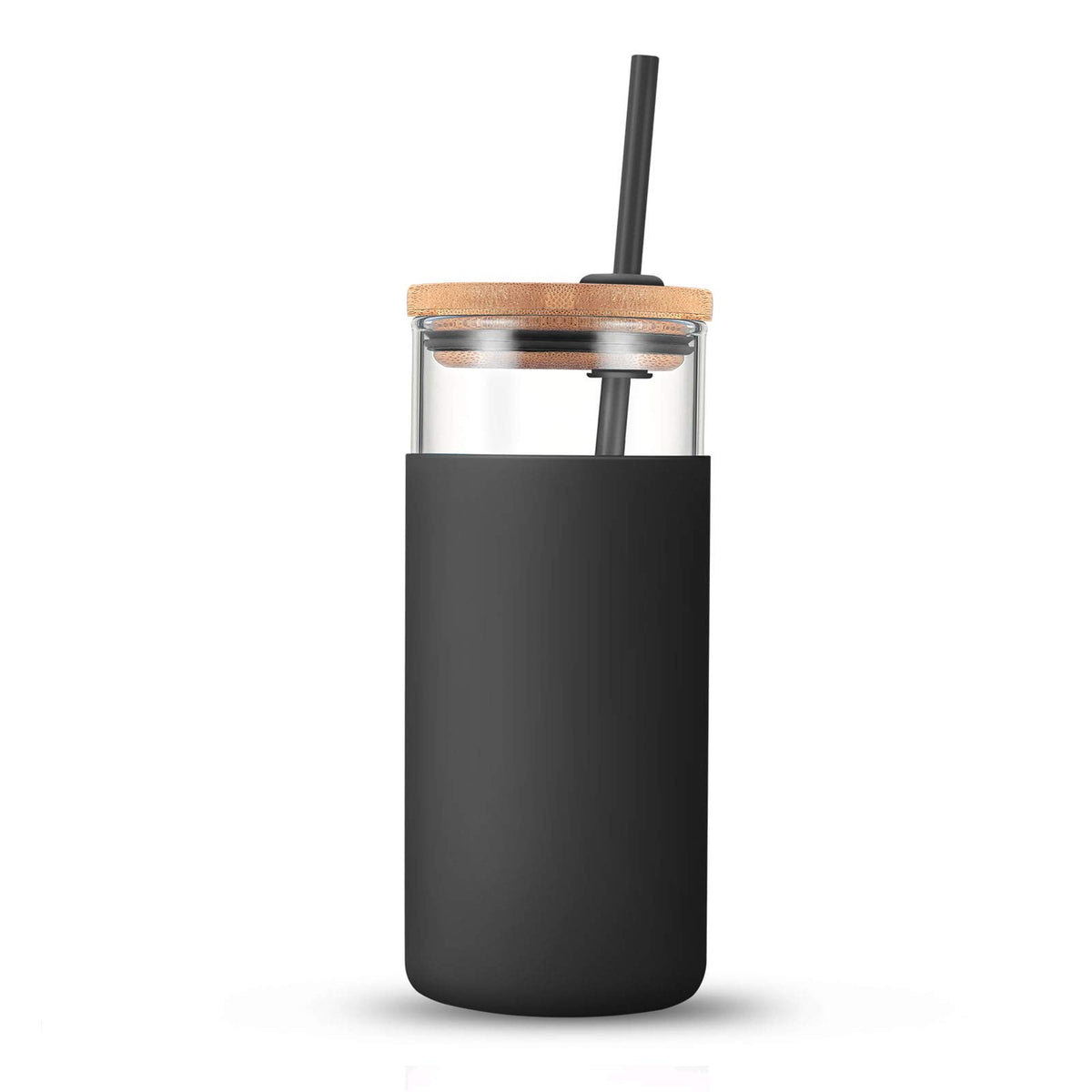 Glass Tumbler Water Bottle w/ Silicone Sleeve and Straw  20oz (Black)