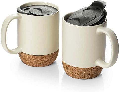 Coffee Mugs Set of 2 - 15 OZ Ceramic Mug with Insulated Cork Bottom (Beige)